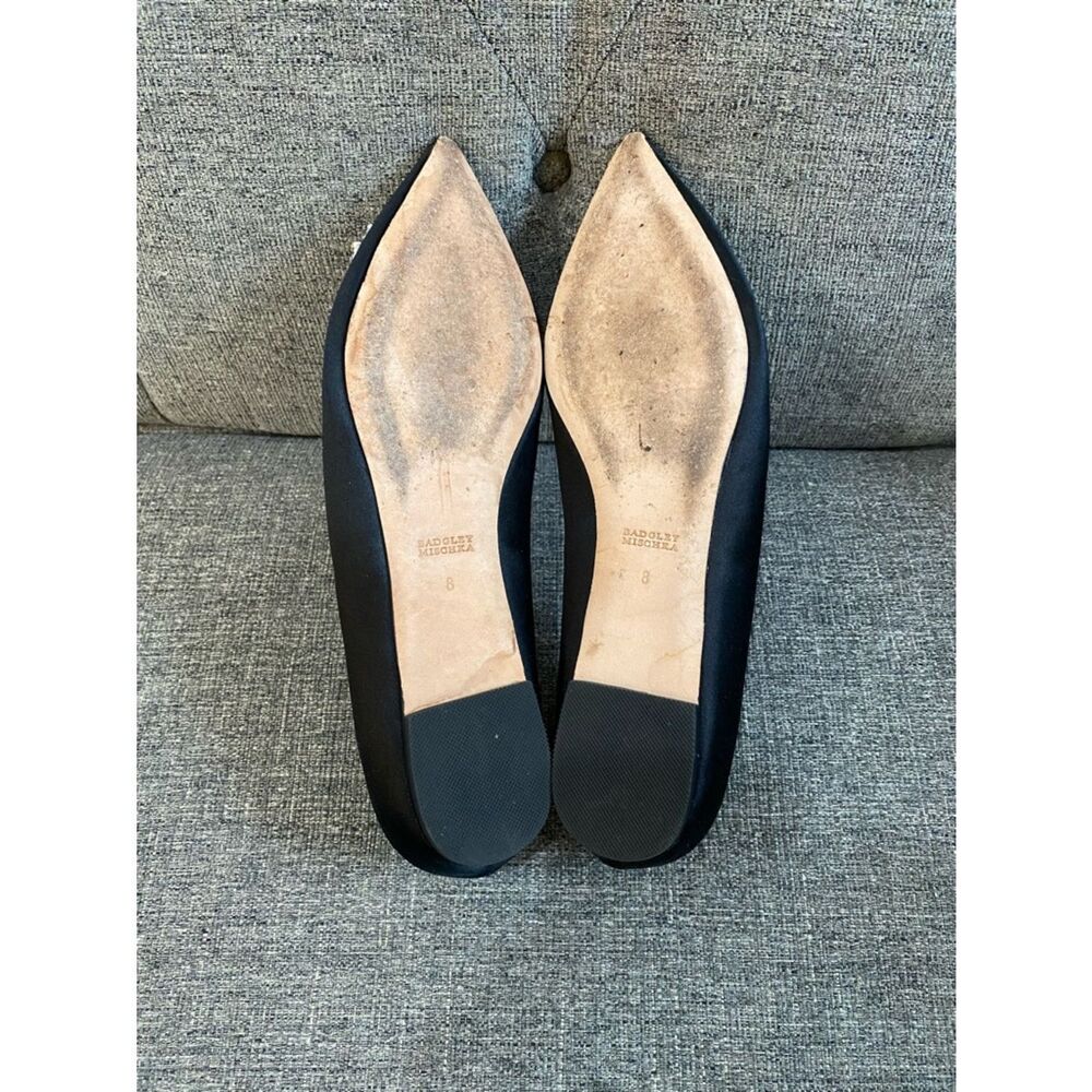 Badgley Mischka Black Satin Pointed Toe Flats with Crystal Medallion Women’s  8 - Picture 8 of 9
